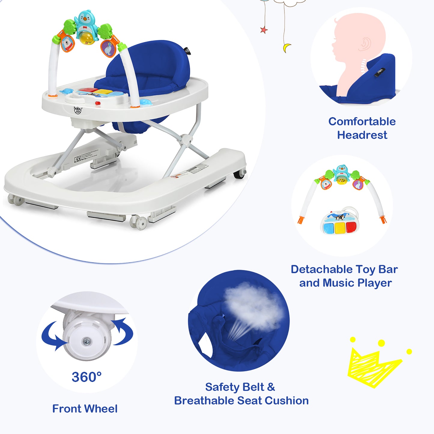 Babyjoy 2-In-1 Foldable Baby Walker with Adjustable Heights & Detachable Toy Tray Blue