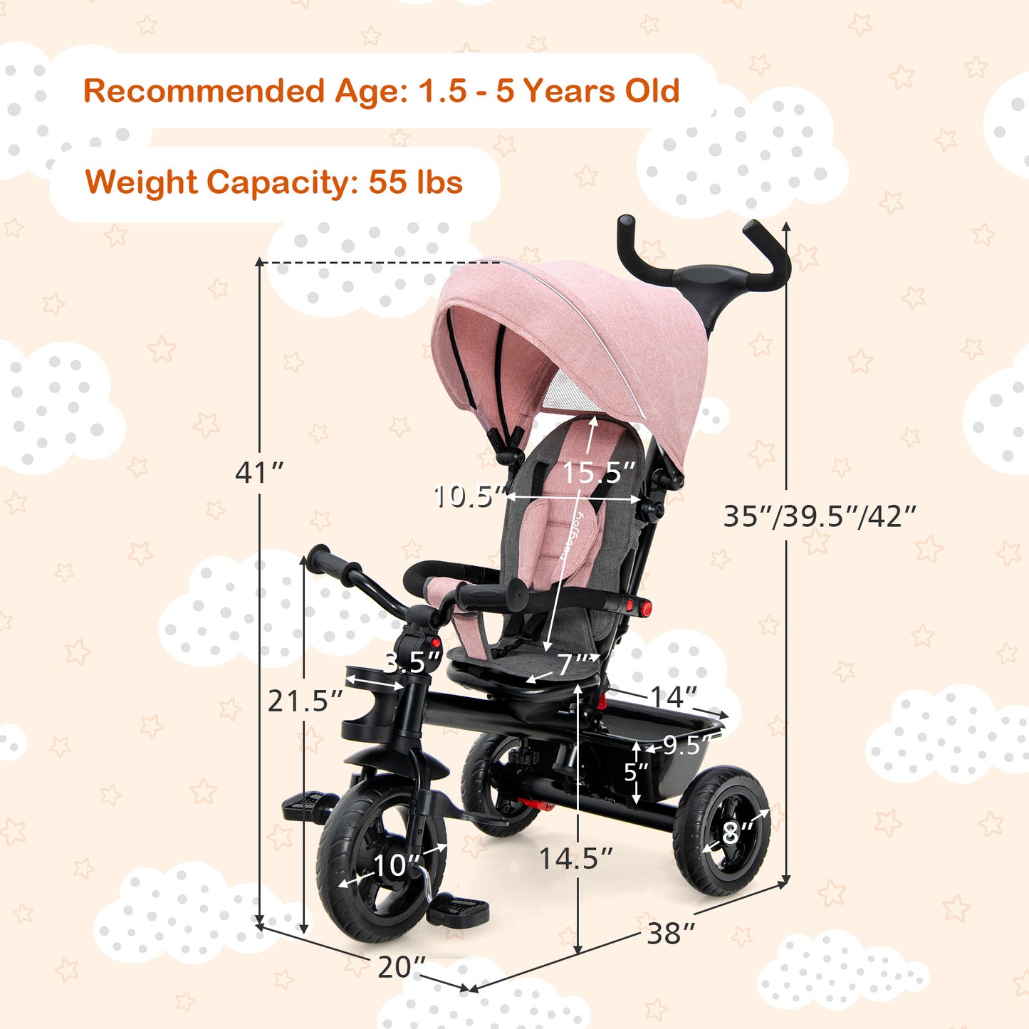 4-In-1 Baby Tricycle Toddler Trike W/ Convertible Seat Pink