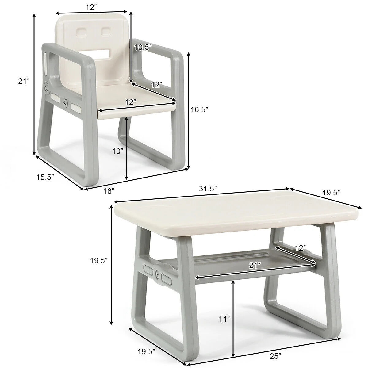 Kids 2-In-1 Table and 2 Chairs Set Activity Table with Storage Shelf White Baby