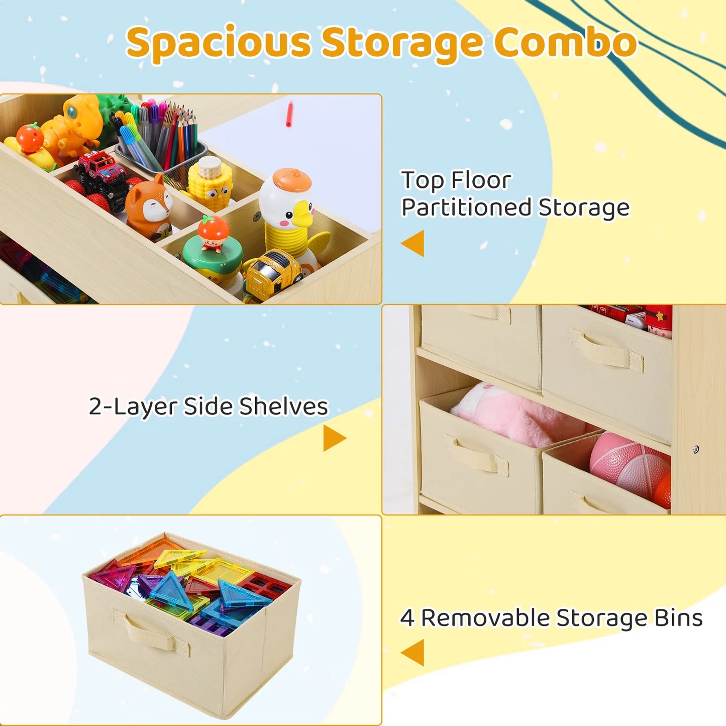 Kids Art Table and 2 Chairs Set with Paper Roll, Toddler Craft Table Drawing Desk Wooden Children Play Activity Table with Storage Bins and Storage Shelves for Ages 3-8