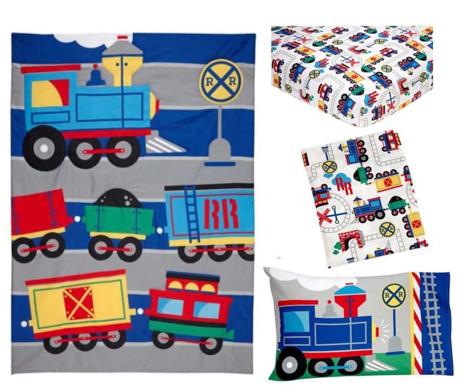 Trains 4 Piece Toddler Bed Set, Comforter Pillowcase, Top Sheet, Fitted Sheet, Boy