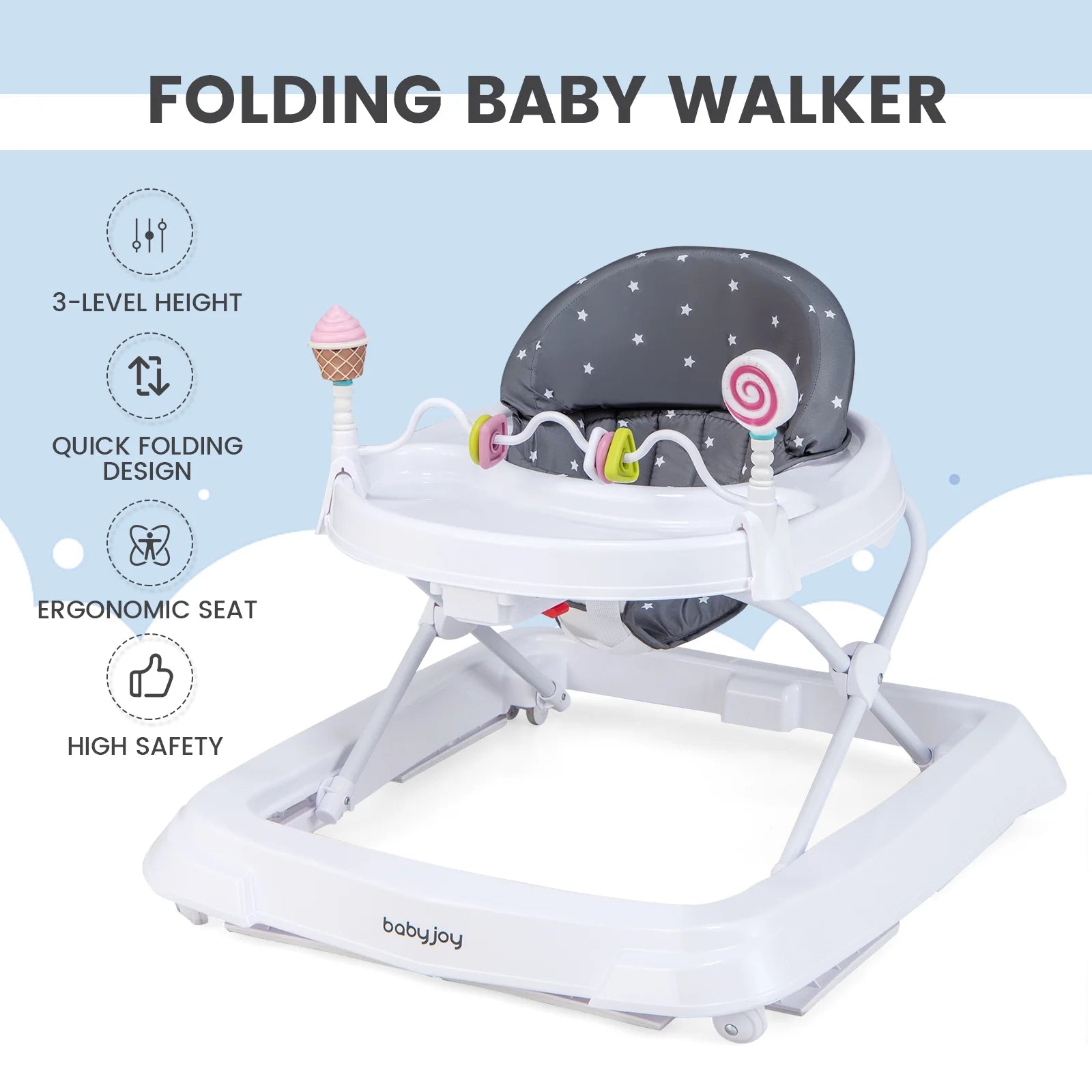 Babyjoy Foldable Baby Activity Walker with Adjustable Height& Detachable Seat Cushion