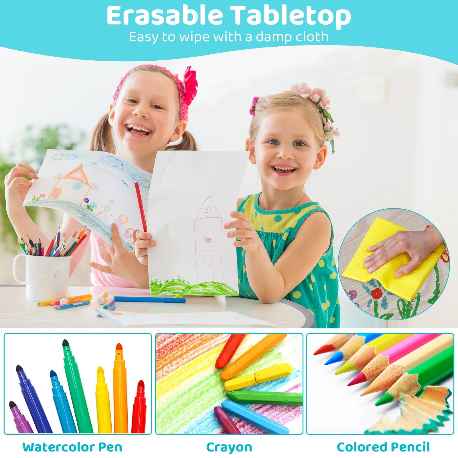Kids Table and 2 Chairs Set, Height Adjustable Toddler Table and Chairs Set for Ages 3+, Children Arts & Crafts Activity Table Set for Classrooms/Daycares/Homes