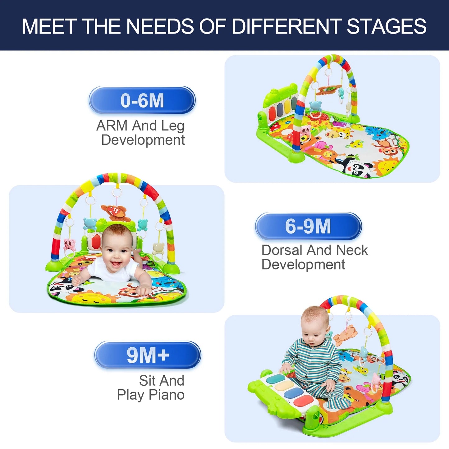Baby Gym Play Mat, Tummy Time Mat for Baby Kick and Play, Lights Piano Play Mat, Musical Activity Fitness Gym Center for Baby Newborn Infants