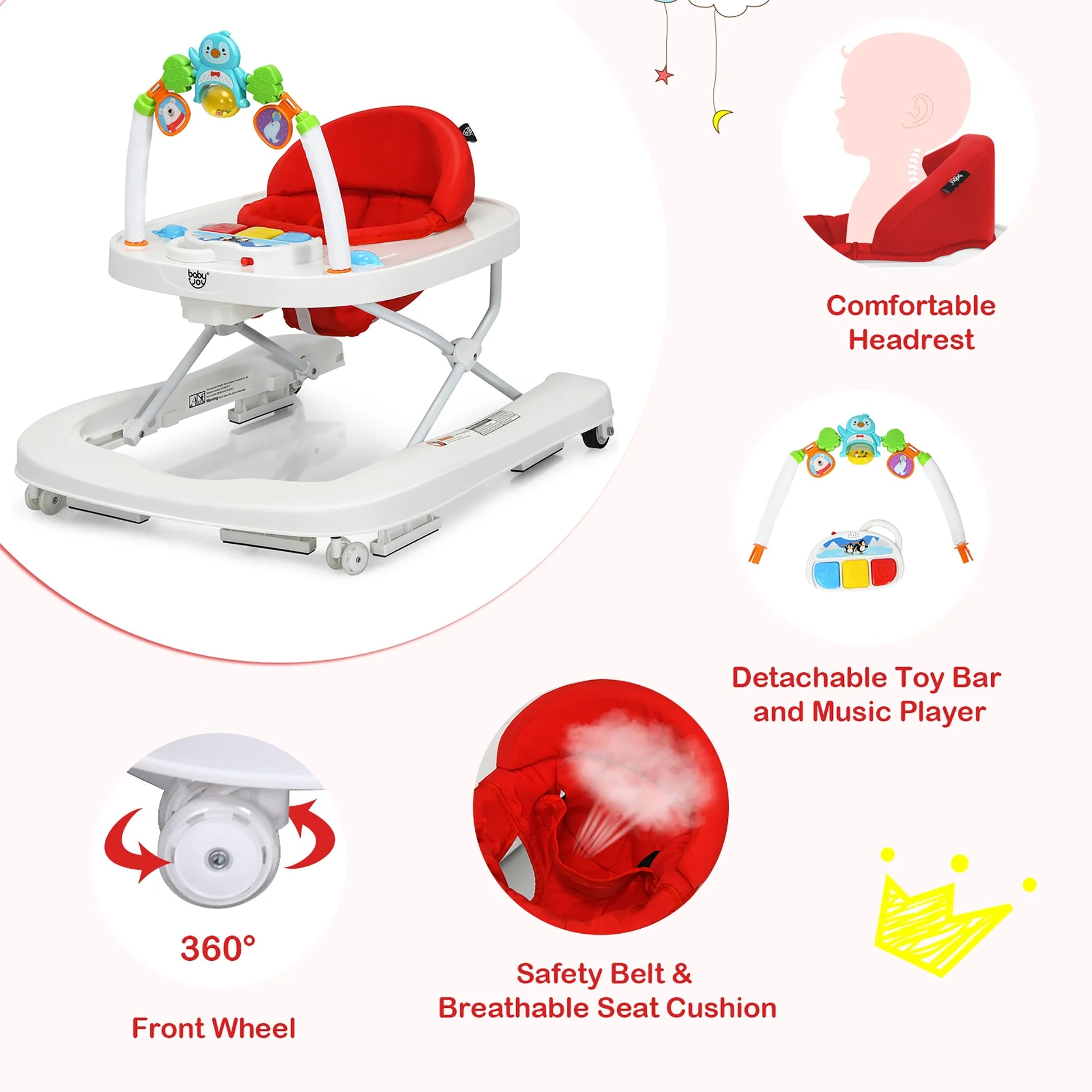 Babyjoy 2-In-1 Foldable Baby Walker with Adjustable Heights & Detachable Toy Tray Red