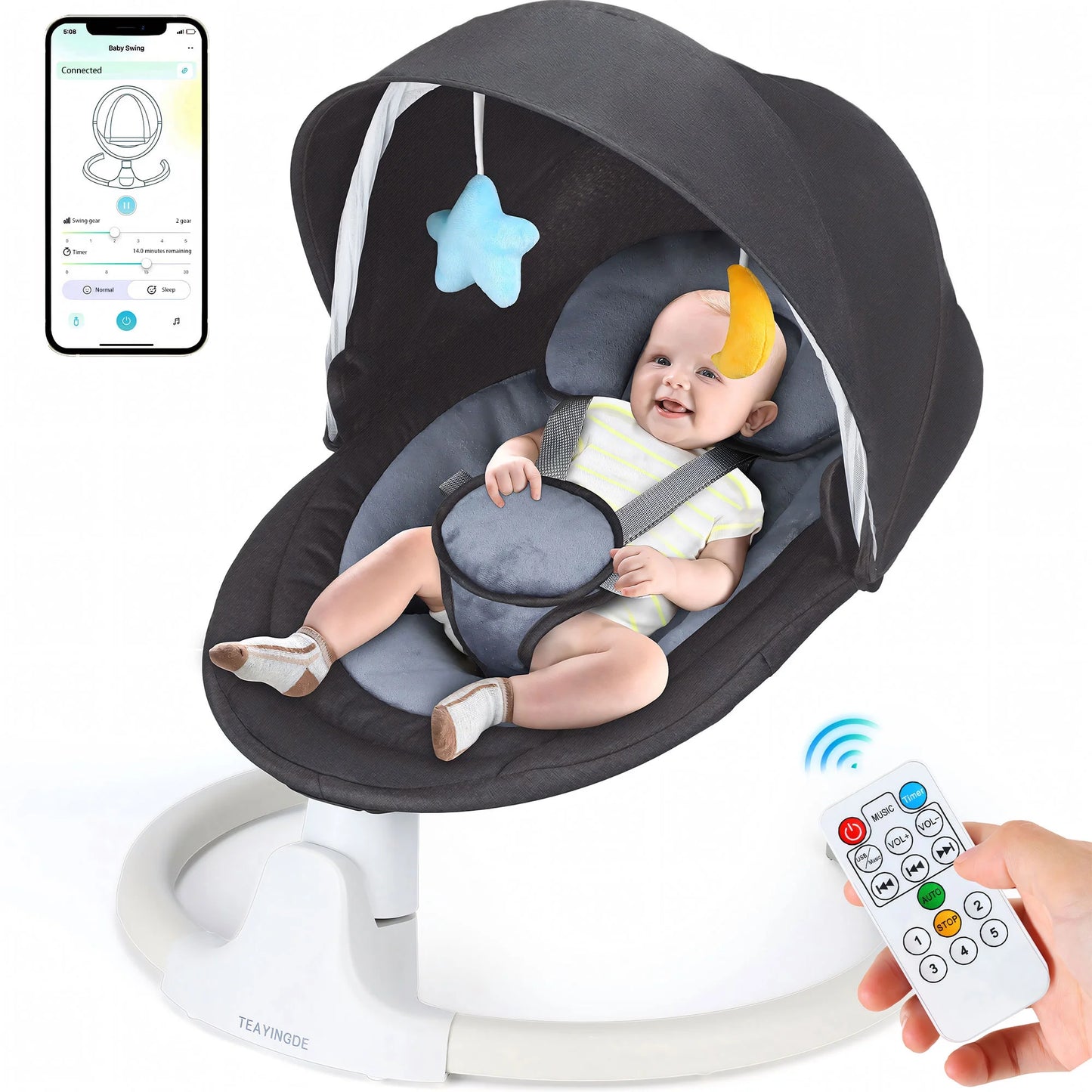 Baby Swing for Infants - Motorized Swing with Music Speaker and Remote Control - 12 Lullabies - Black