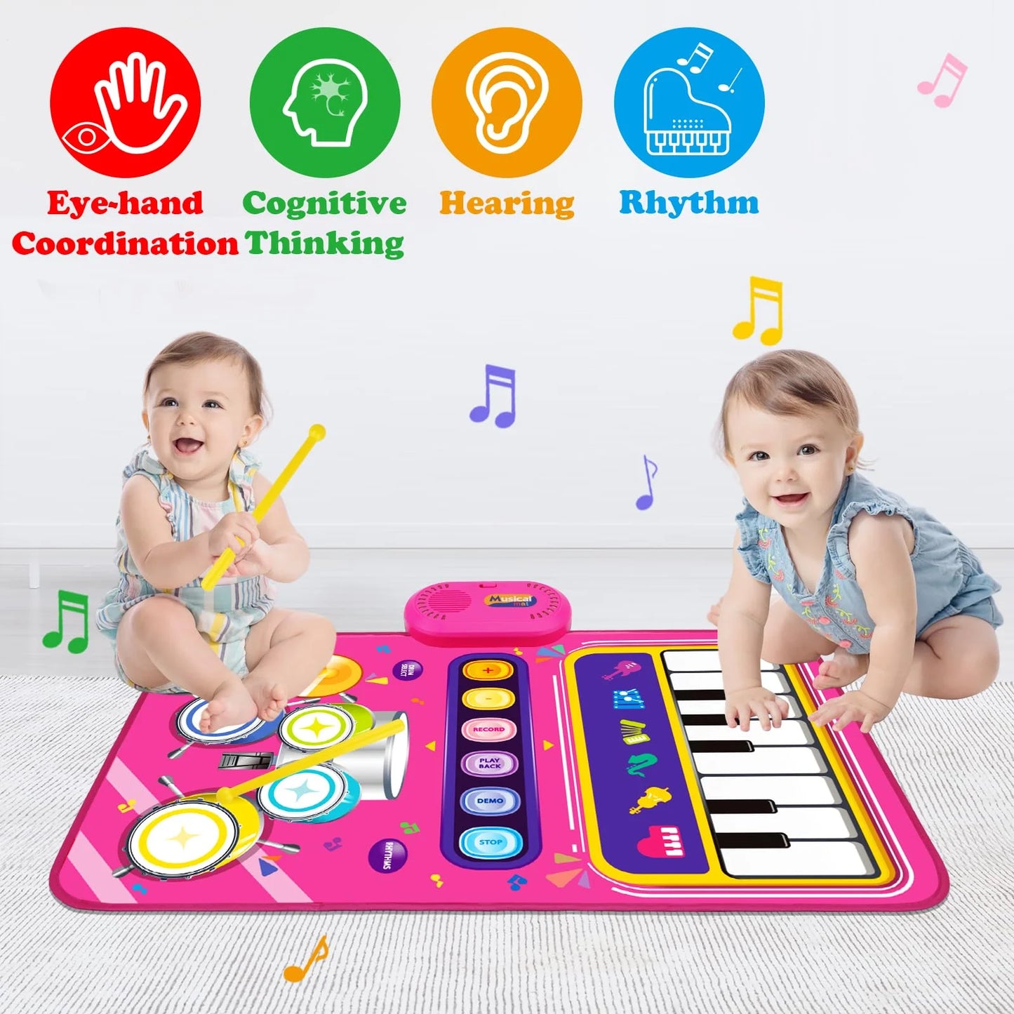 Baby Girls Play Mat, Baby Musical Toys for 12 Months Baby Girl, Portable Piano Music Mat with 6 Instruments, Educational Toddler Girls Toys for 12-18 Months Baby Gift