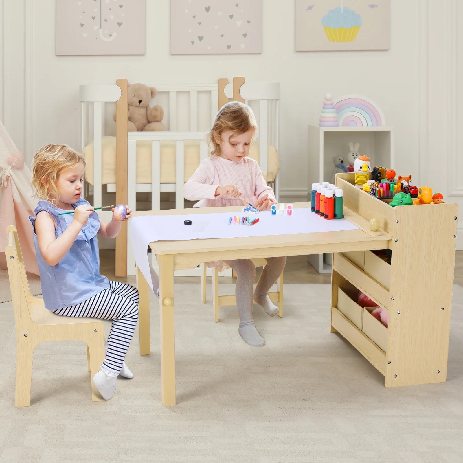Kids Art Table and 2 Chairs Set with Paper Roll, Toddler Craft Table Drawing Desk Wooden Children Play Activity Table with Storage Bins and Storage Shelves for Ages 3-8