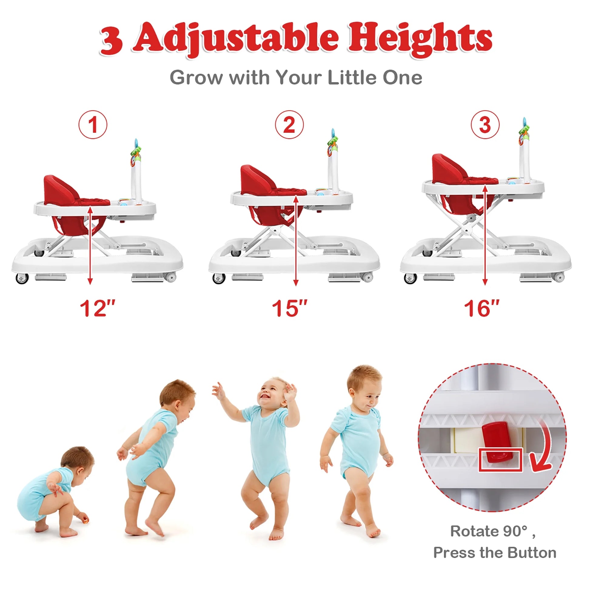 Babyjoy 2-In-1 Foldable Baby Walker with Adjustable Heights & Detachable Toy Tray Red