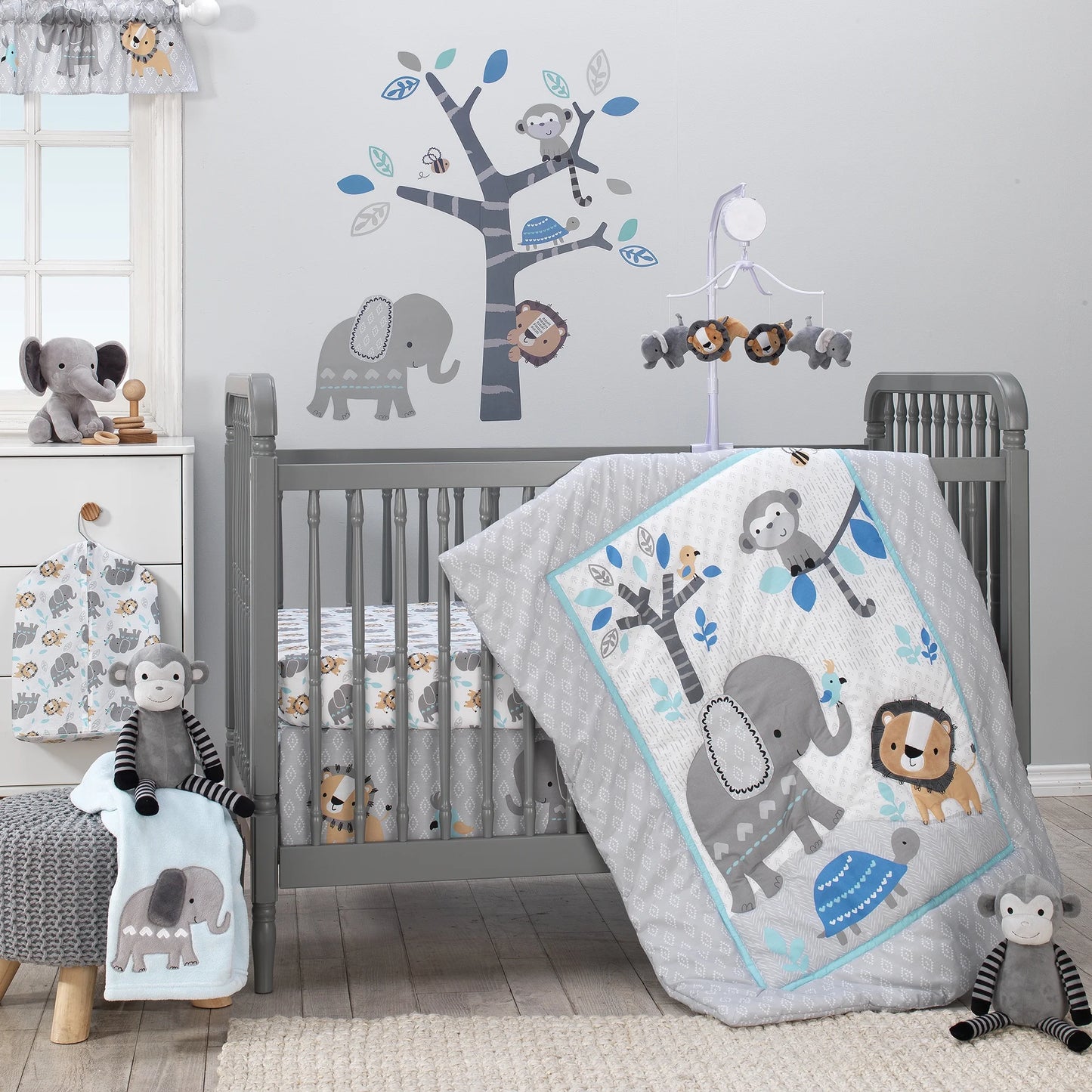 Jungle Fun 3-Piece Crib Bedding Set - Blue, Gray, White