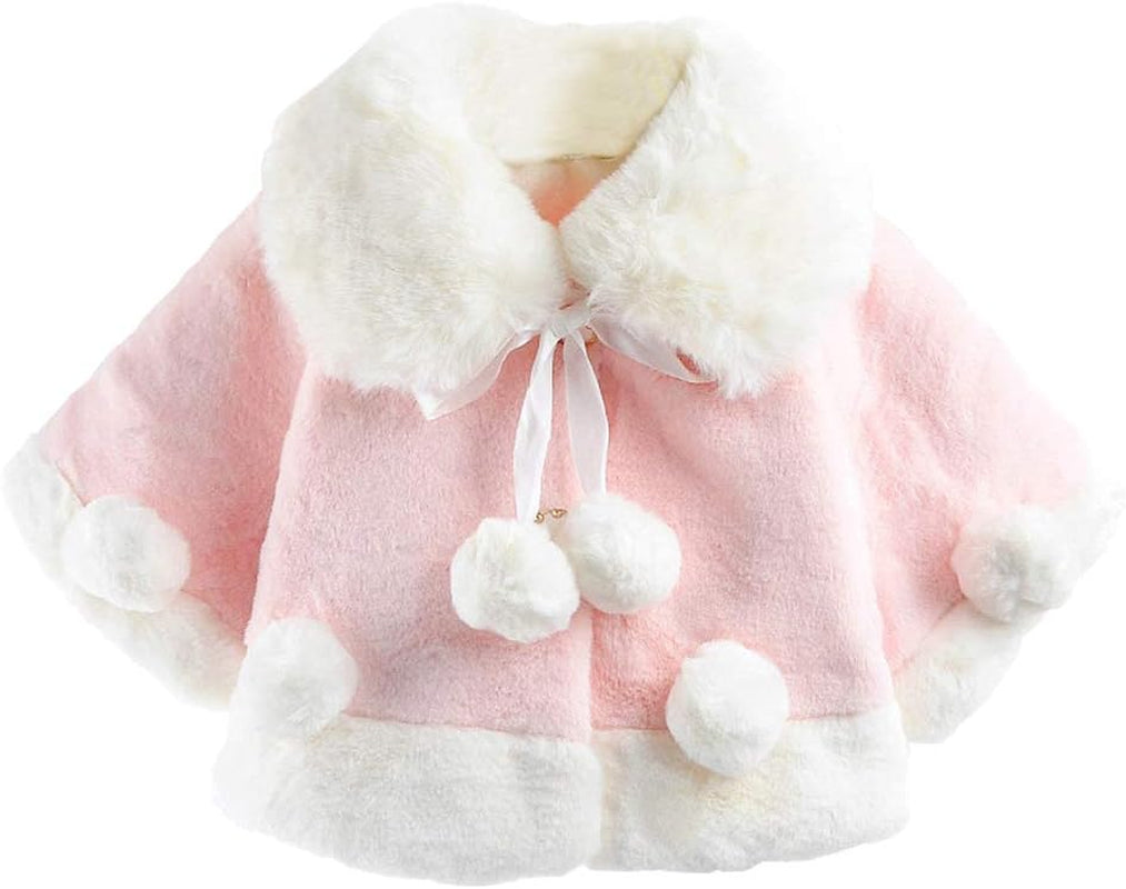 Baby Girls Winter Fur Cape Coat Thick Jacket Cute Pom Pom Warm Outerwears