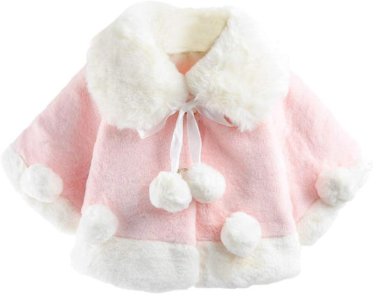 Baby Girls Winter Fur Cape Coat Thick Jacket Cute Pom Pom Warm Outerwears