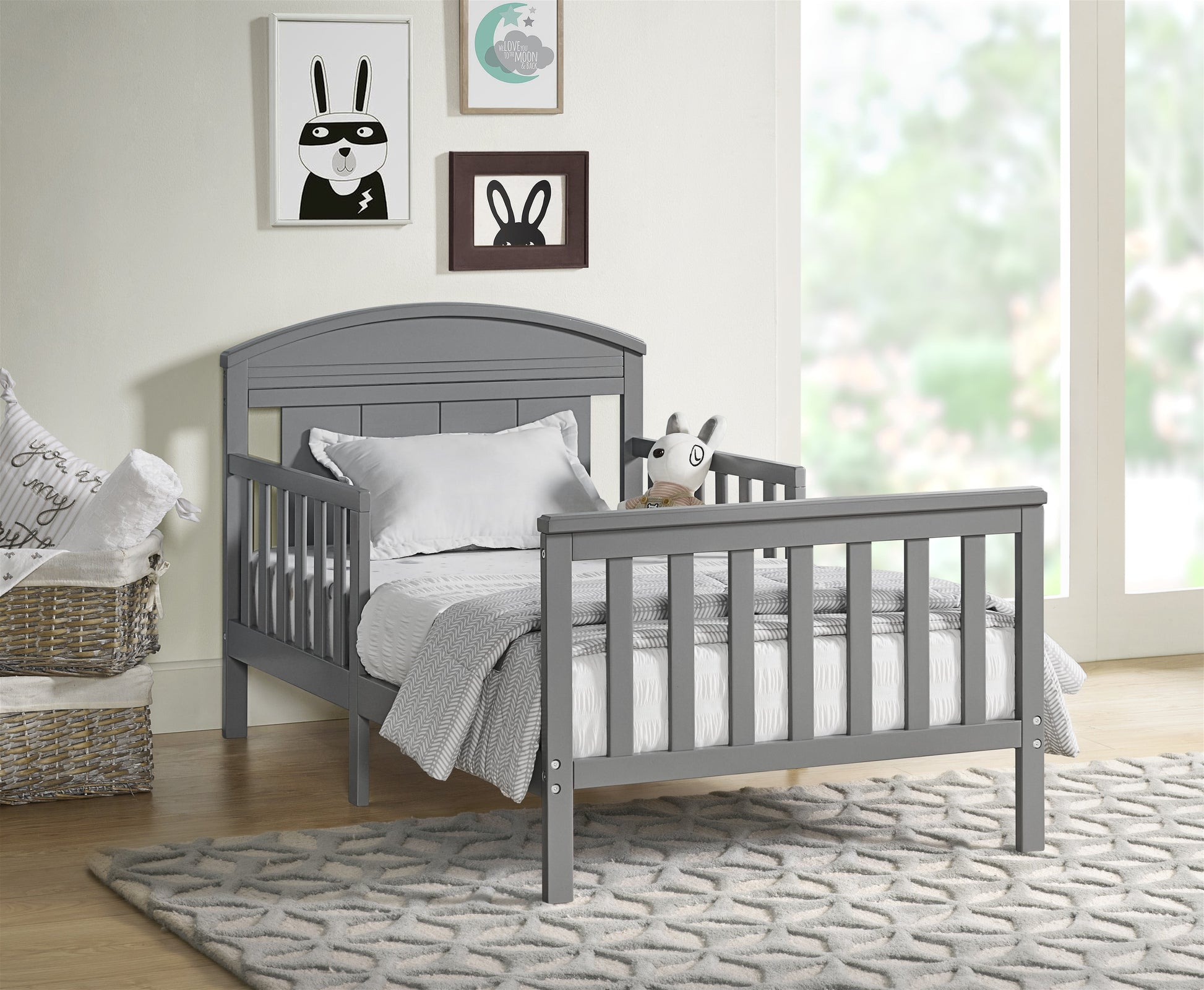 Baldwin Wood Frame Toddler Bed with Guardrails and Arched Headboard, Dove Gray