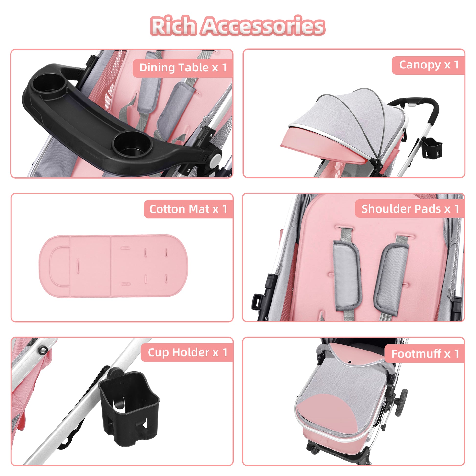 Baby Stroller, Foldable Baby Stroller Reversible Bassinet, Travel Stroller for Newborn Baby, Pink