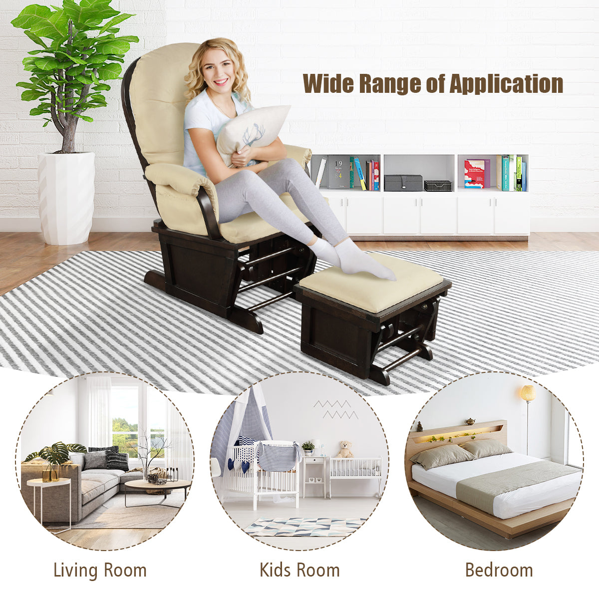 Ergonomic Rocking Chair Baby Nursery Chair Glider with Ottoman Light Beige