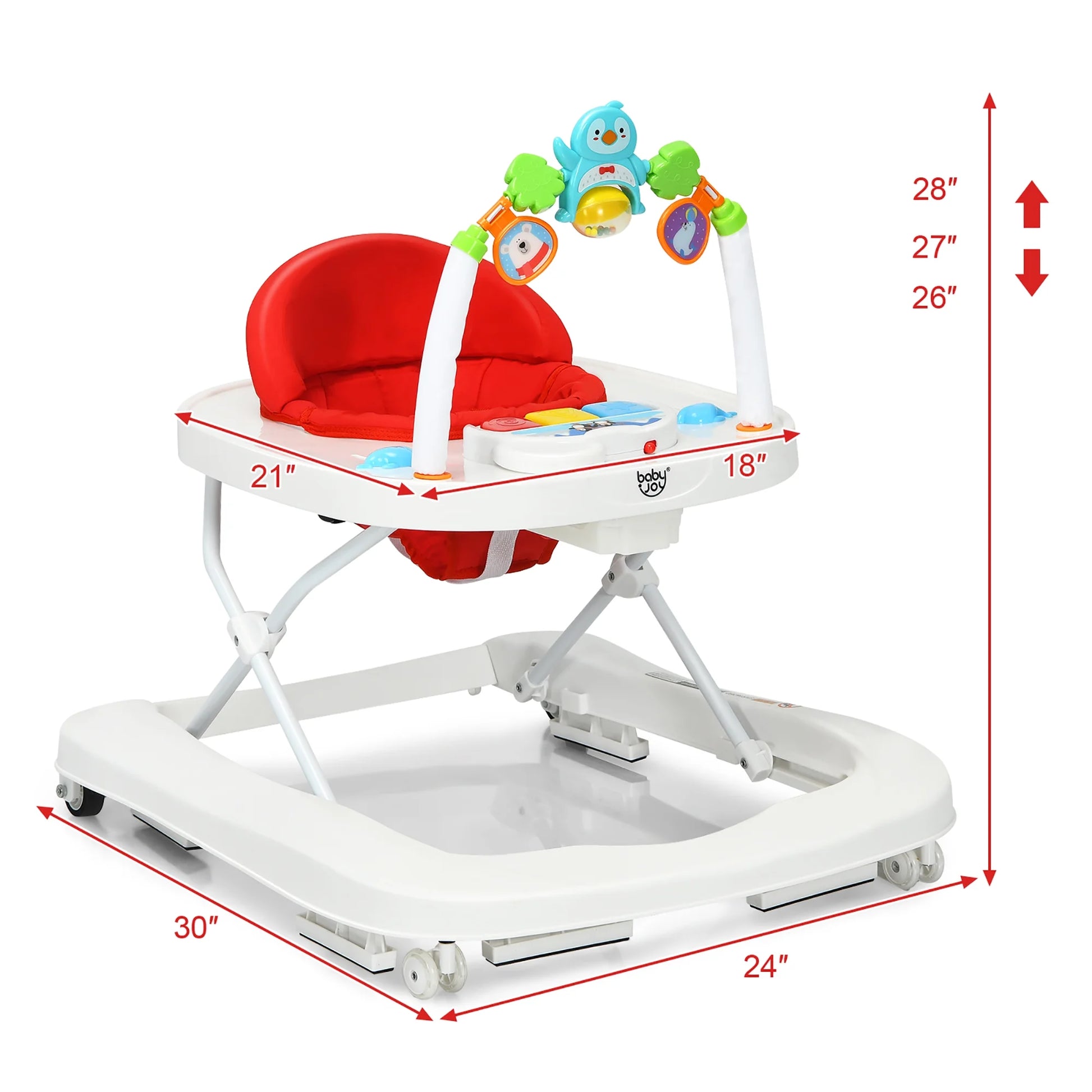 Babyjoy 2-In-1 Foldable Baby Walker with Adjustable Heights & Detachable Toy Tray Red