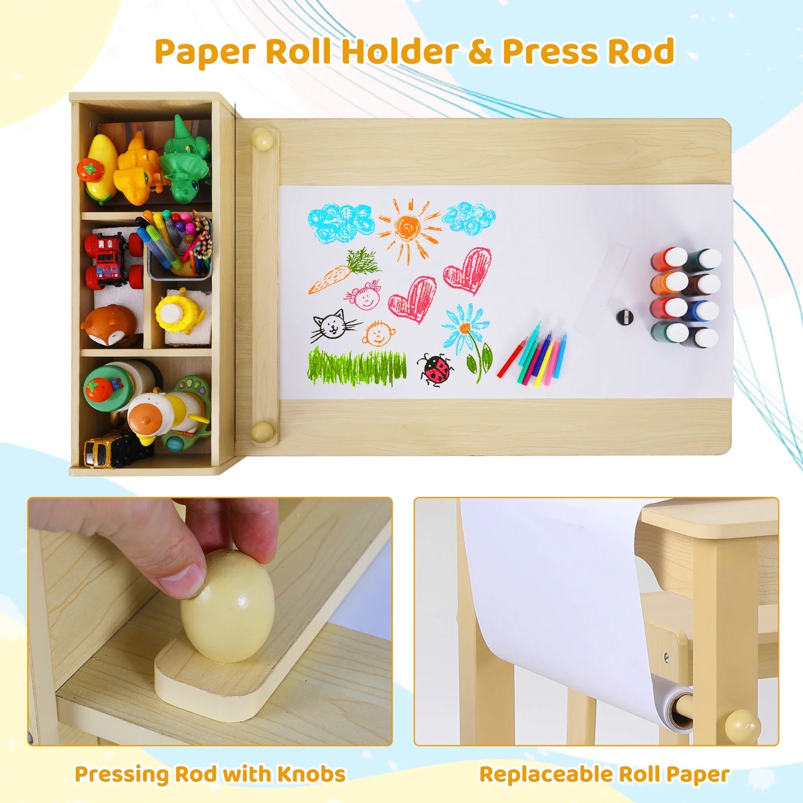 Kids Art Table and 2 Chairs Set with Paper Roll, Toddler Craft Table Drawing Desk Wooden Children Play Activity Table with Storage Bins and Storage Shelves for Ages 3-8