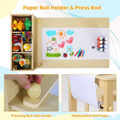 Kids Art Table and 2 Chairs Set with Paper Roll, Toddler Craft Table Drawing Desk Wooden Children Play Activity Table with Storage Bins and Storage Shelves for Ages 3-8