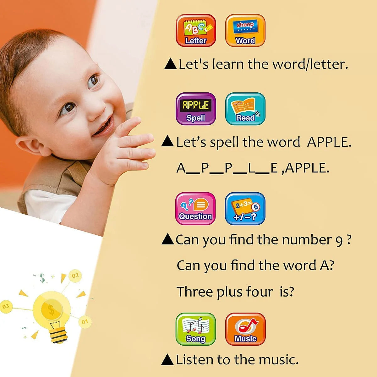 Tablet Toy Toddler Learning Pad with LED Screen Teach,Educational Learning Toys with Light and Music Electronic Toy Christmas Birthday Gift for Toddlers 1 2 3 Years Old Girls Boys