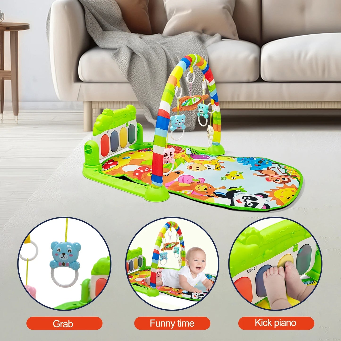 Baby Gym Play Mat, Tummy Time Mat for Baby Kick and Play, Lights Piano Play Mat, Musical Activity Fitness Gym Center for Baby Newborn Infants