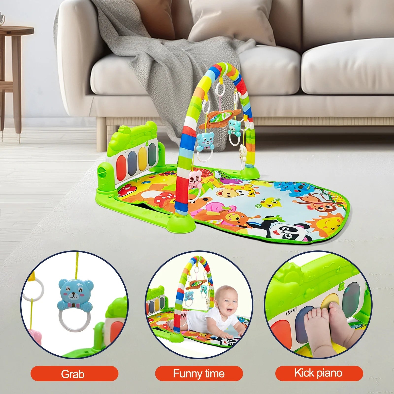 Baby Gym Play Mat, Tummy Time Mat for Baby Kick and Play, Lights Piano Play Mat, Musical Activity Fitness Gym Center for Baby Newborn Infants