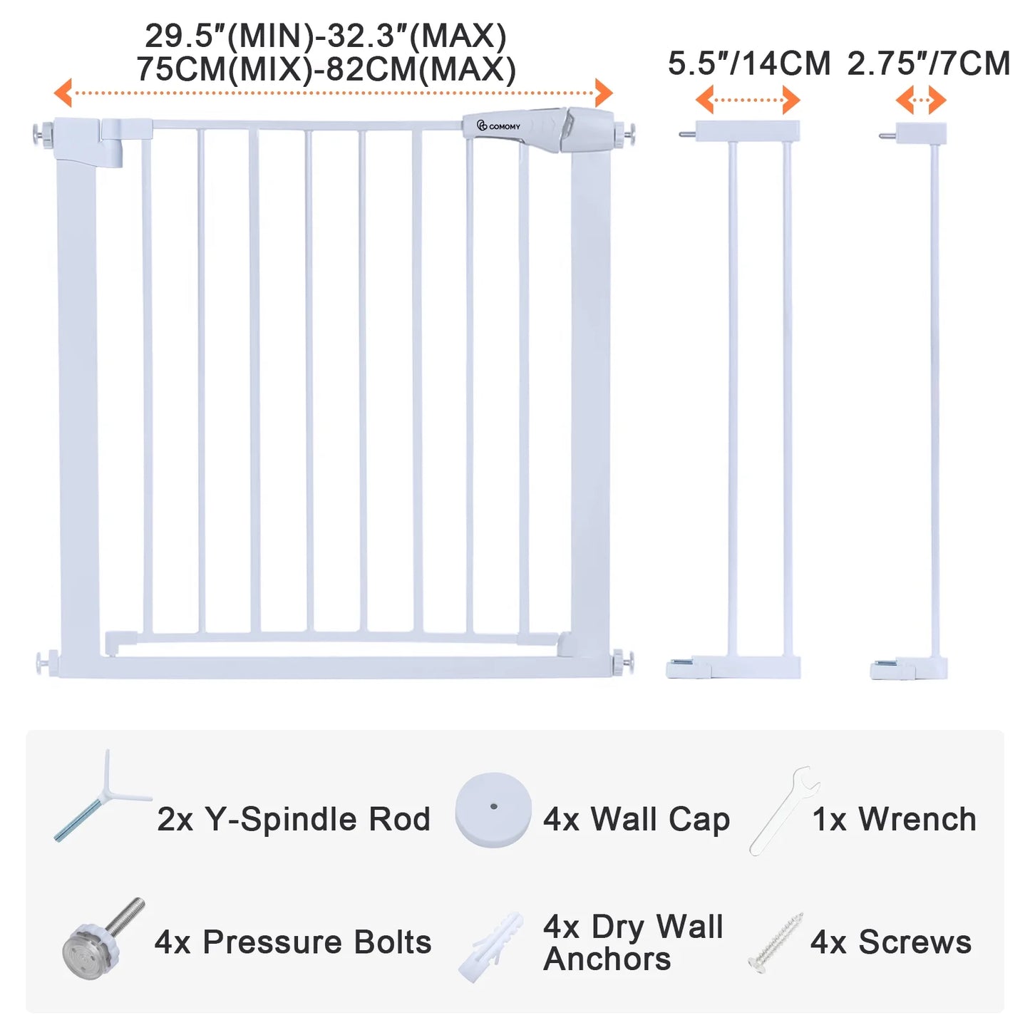 Baby Safety Gate, Baby Gates for Top Stairs Doorway, 29.5''- 40.5''Wide Pressure Mount, White