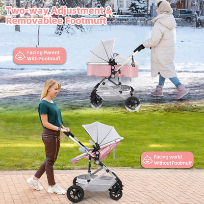 Baby Stroller, Foldable Baby Stroller Reversible Bassinet, Travel Stroller for Newborn Baby, Pink