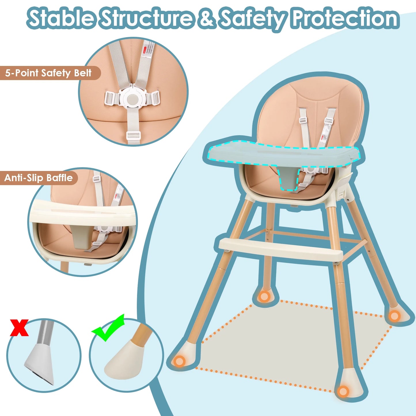 3-In-1 Convertible Baby High Chair with 2-Level Height Adjustable Legs, 3-Level Adjustable Tray for Babies and Toddlers, Baby Highchair with 5-Point Safety Belt & Footrest, Pink