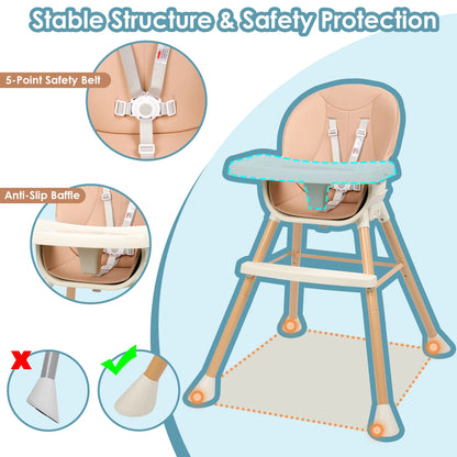 3-In-1 Convertible Baby High Chair with 2-Level Height Adjustable Legs, 3-Level Adjustable Tray for Babies and Toddlers, Baby Highchair with 5-Point Safety Belt & Footrest, Pink