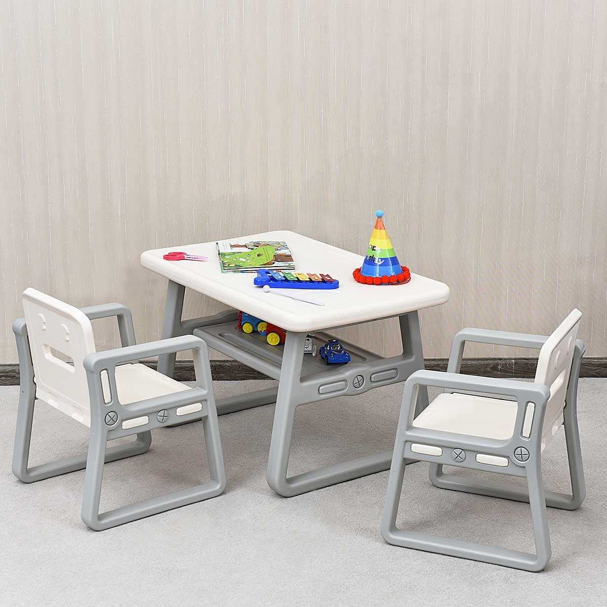 Kids 2-In-1 Table and 2 Chairs Set Activity Table with Storage Shelf White Baby