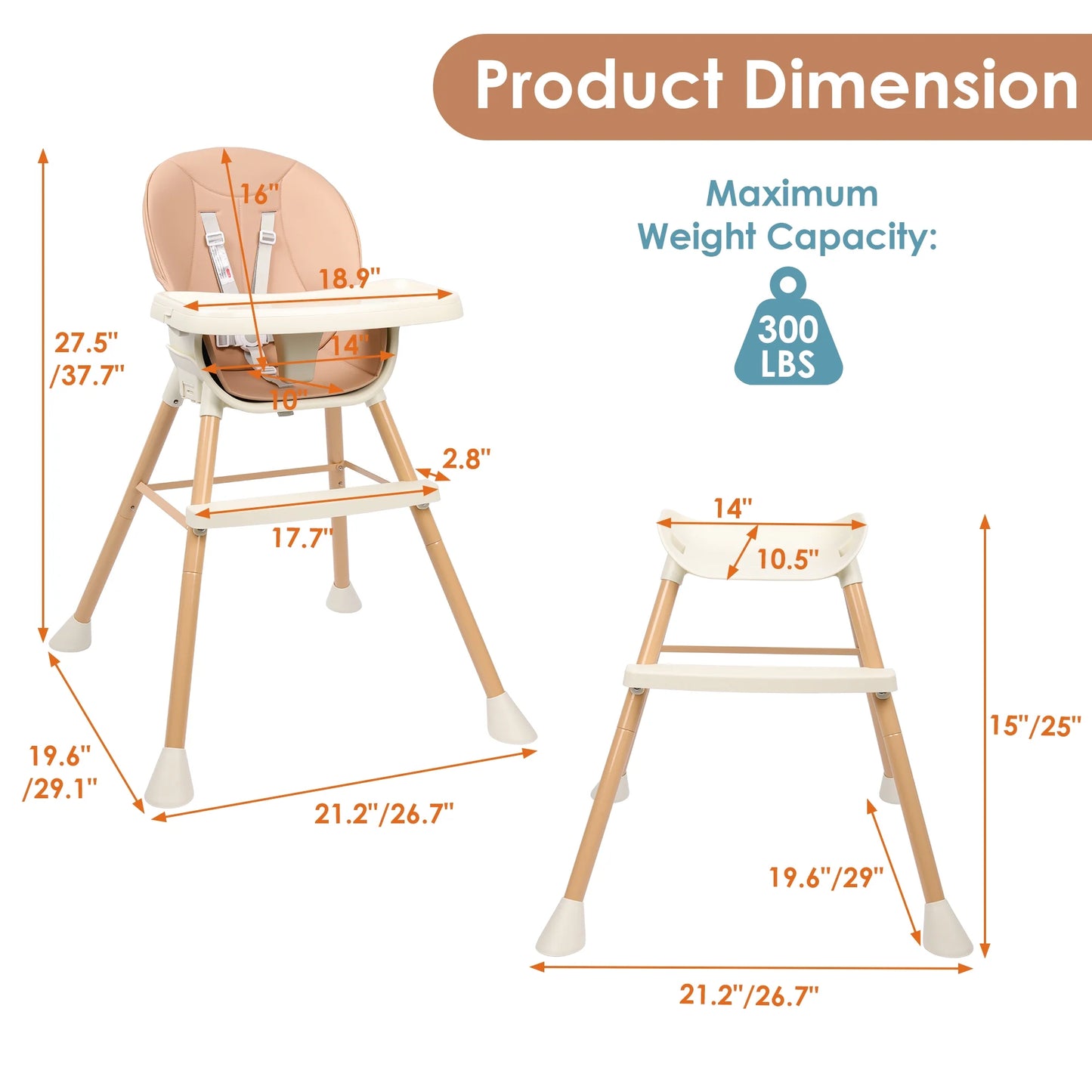 3-In-1 Convertible Baby High Chair with 2-Level Height Adjustable Legs, 3-Level Adjustable Tray for Babies and Toddlers, Baby Highchair with 5-Point Safety Belt & Footrest, Pink