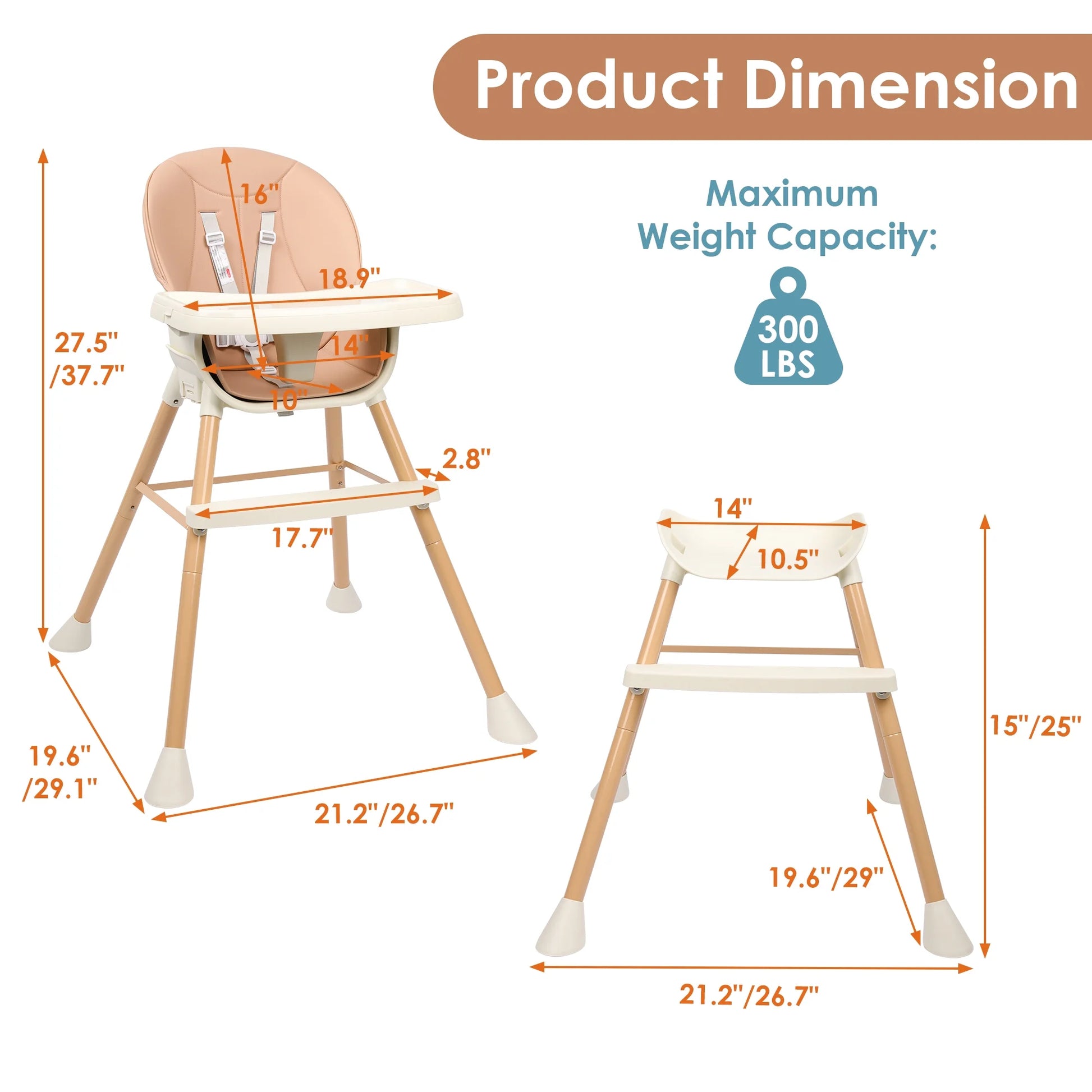 3-In-1 Convertible Baby High Chair with 2-Level Height Adjustable Legs, 3-Level Adjustable Tray for Babies and Toddlers, Baby Highchair with 5-Point Safety Belt & Footrest, Pink