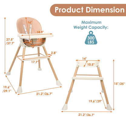 3-In-1 Convertible Baby High Chair with 2-Level Height Adjustable Legs, 3-Level Adjustable Tray for Babies and Toddlers, Baby Highchair with 5-Point Safety Belt & Footrest, Pink