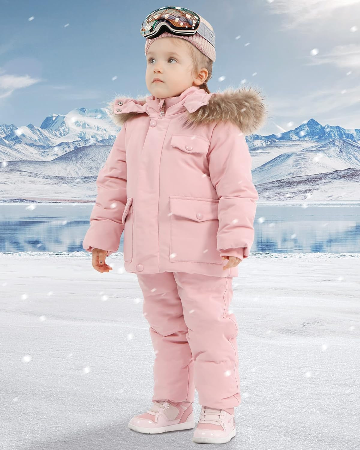 Toddler Girl Snowsuit 2Pcs Kids down Jacket Winter Hooded Coat +Snow Bib Pants Kids Windproof Skiing Suit (2T/6T)