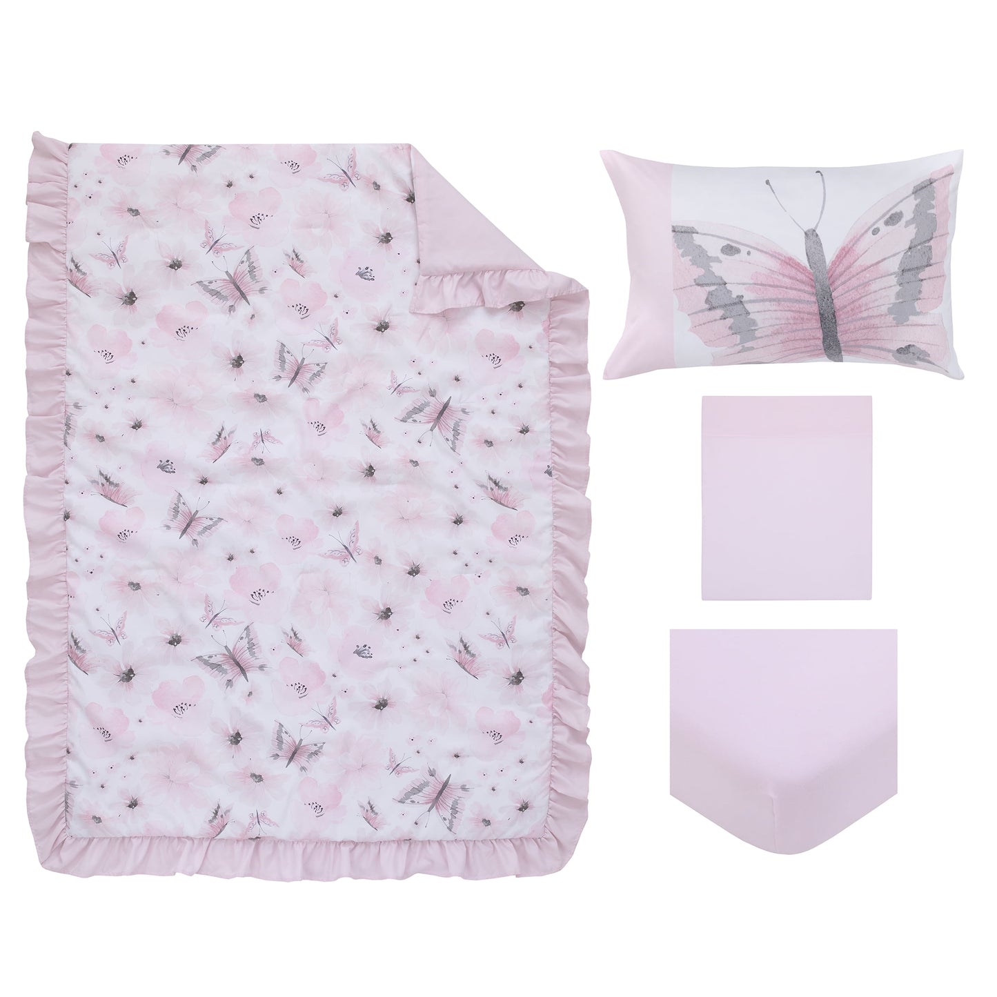 Butterfly 4 Piece Toddler Bed Set, Comforter, Flat Sheet, Fitted Sheet, Pillowcase