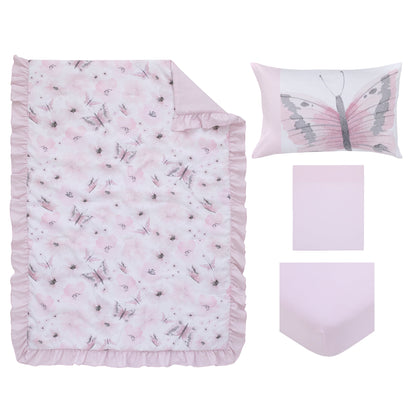 Butterfly 4 Piece Toddler Bed Set, Comforter, Flat Sheet, Fitted Sheet, Pillowcase