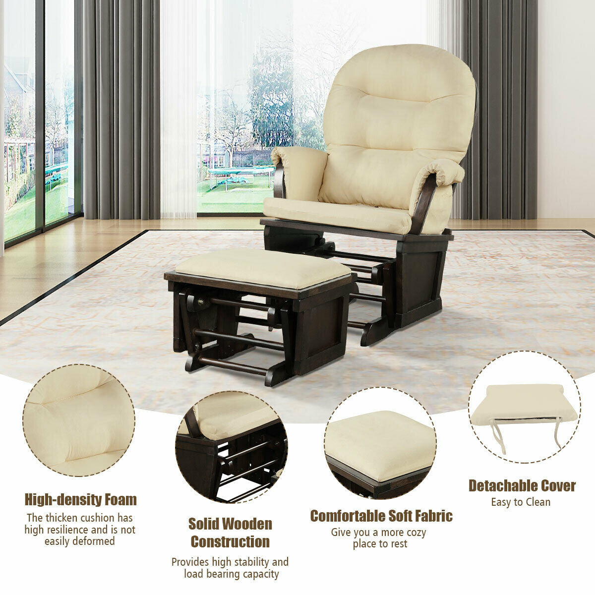 Ergonomic Rocking Chair Baby Nursery Chair Glider with Ottoman Light Beige