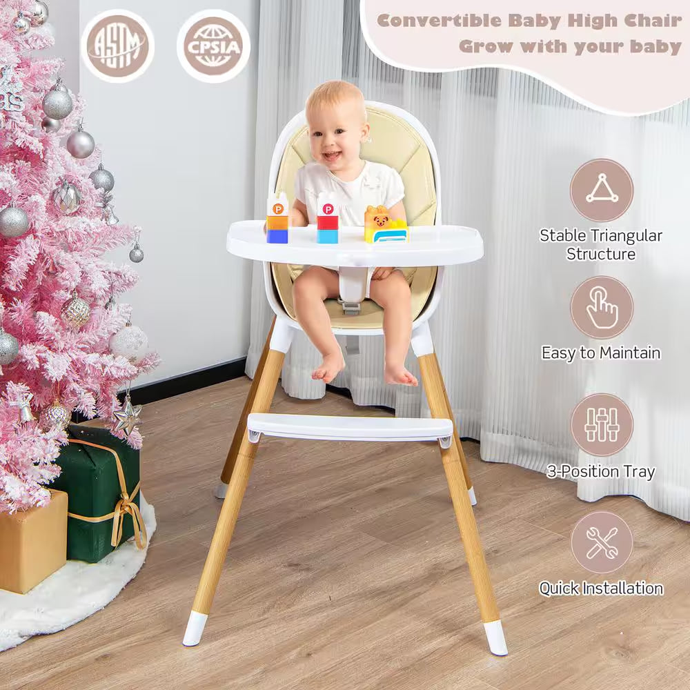 4 In. 1 Convertible Baby High Chair Infant Feeding Chair with Adjustable Tray Beige