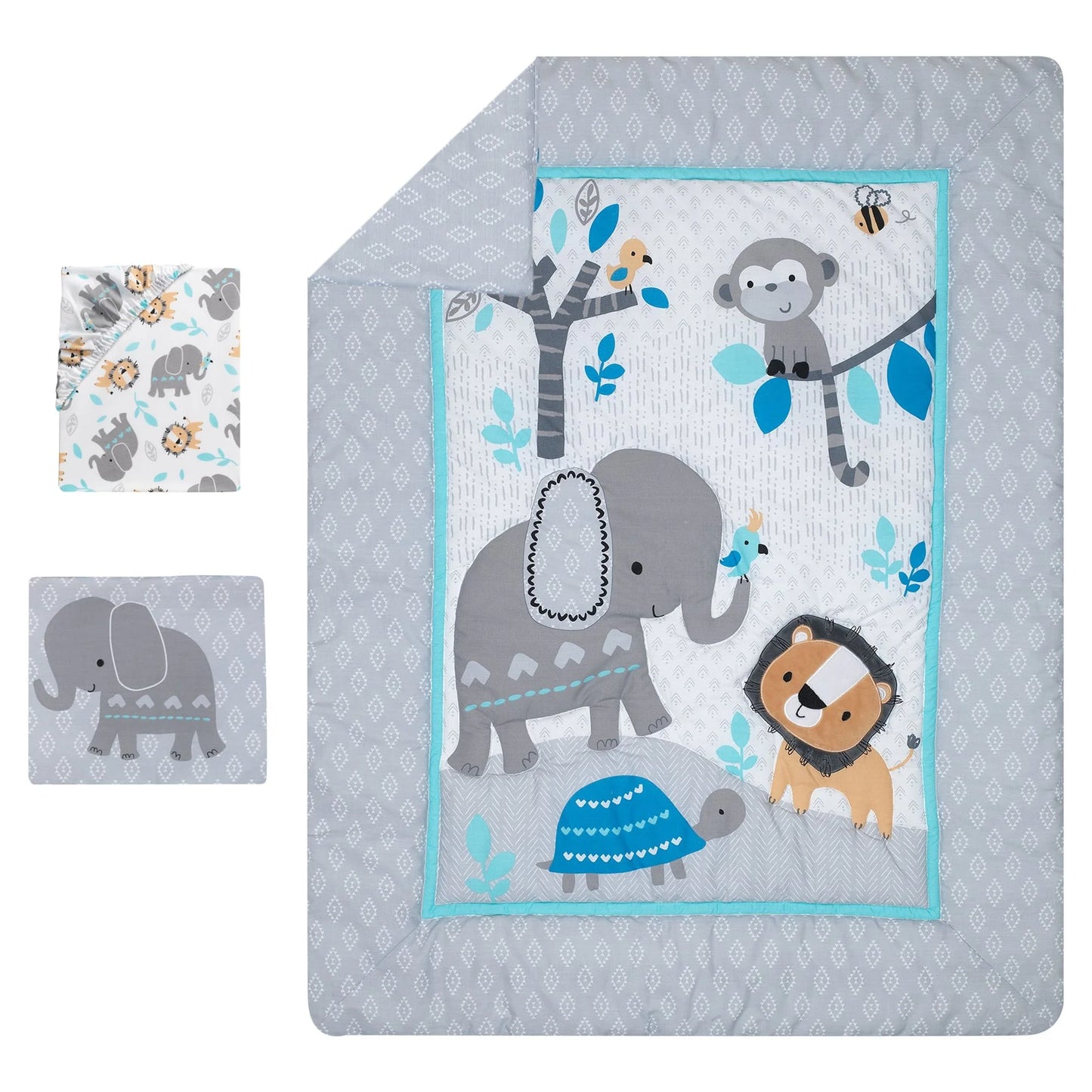 Jungle Fun 3-Piece Crib Bedding Set - Blue, Gray, White