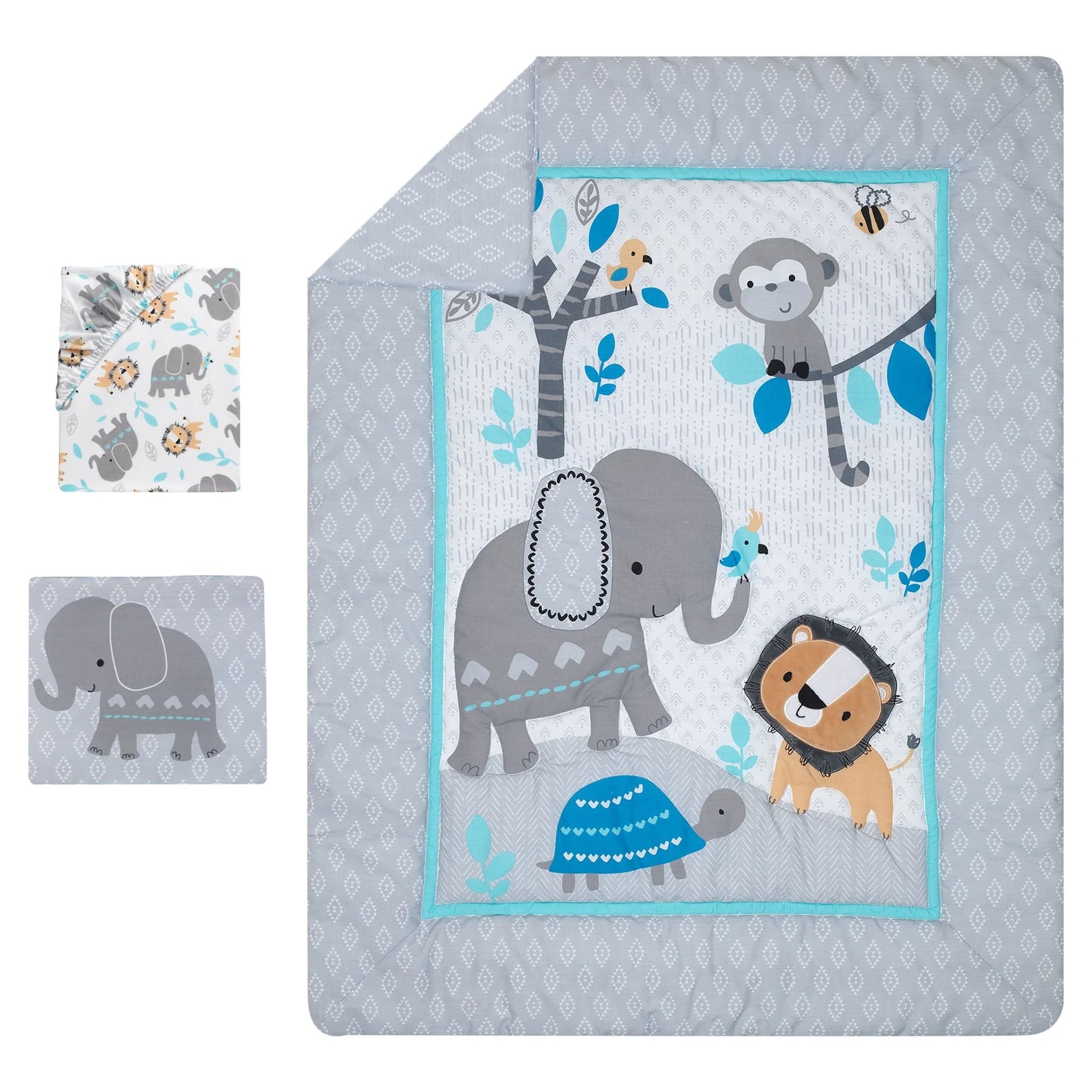 Jungle Fun 3-Piece Crib Bedding Set - Blue, Gray, White