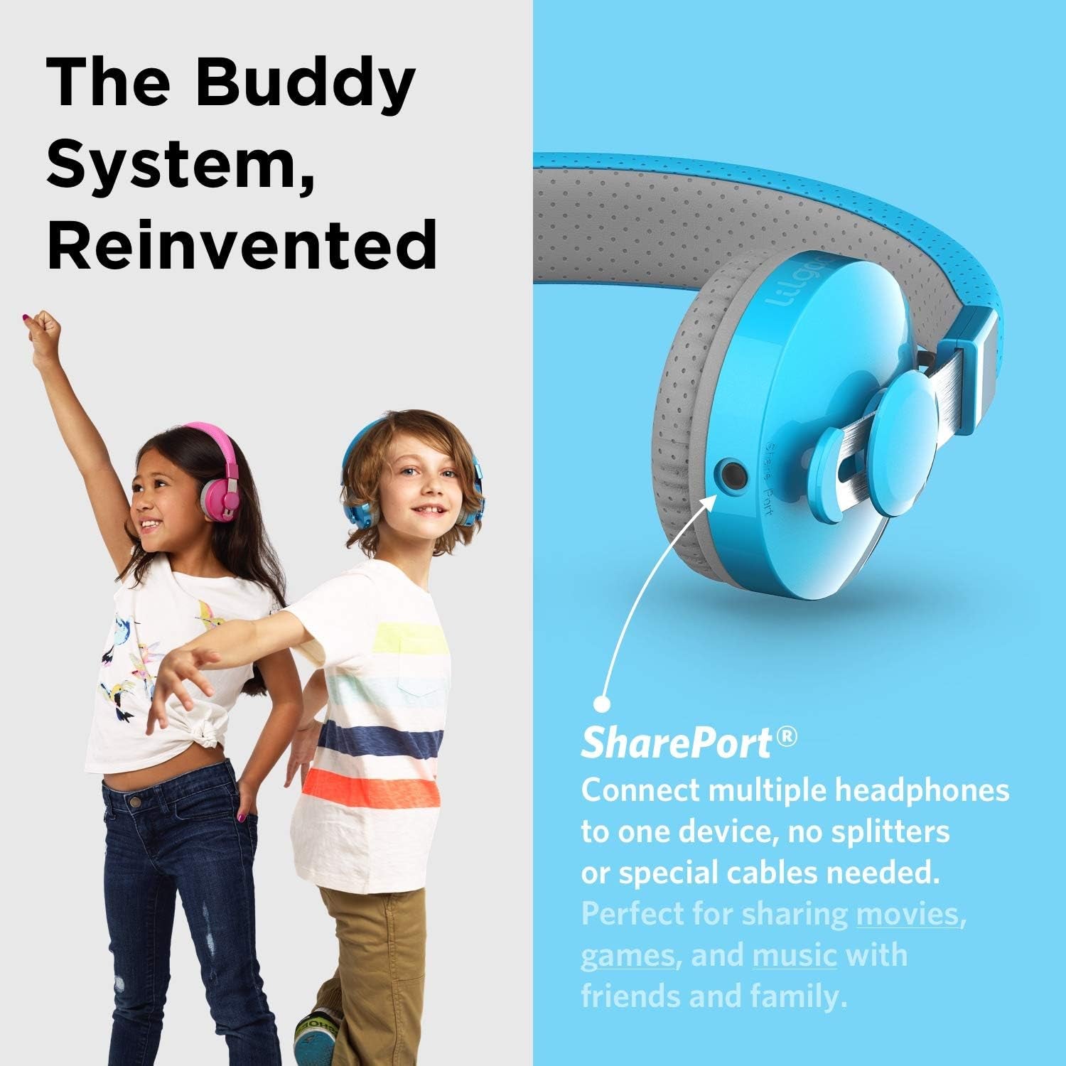 Untangled Pro On-Ear Wireless Kids Headphones for School, Microphone, Volume Limited, Shareport Technology, Softtouch Padding, Blue