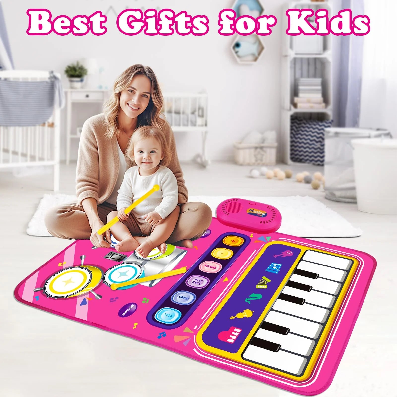 Baby Girls Play Mat, Baby Musical Toys for 12 Months Baby Girl, Portable Piano Music Mat with 6 Instruments, Educational Toddler Girls Toys for 12-18 Months Baby Gift