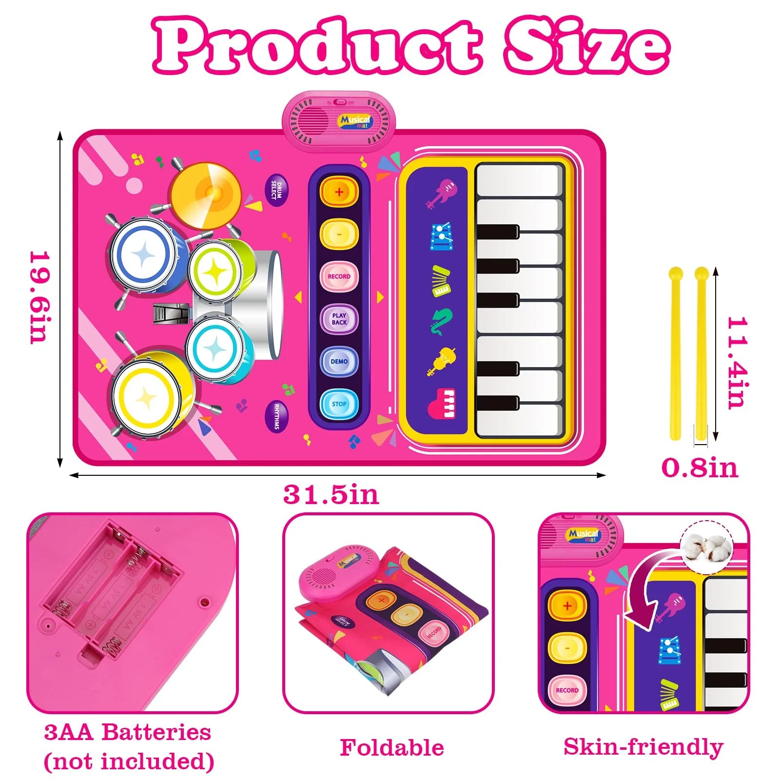 Baby Girls Play Mat, Baby Musical Toys for 12 Months Baby Girl, Portable Piano Music Mat with 6 Instruments, Educational Toddler Girls Toys for 12-18 Months Baby Gift