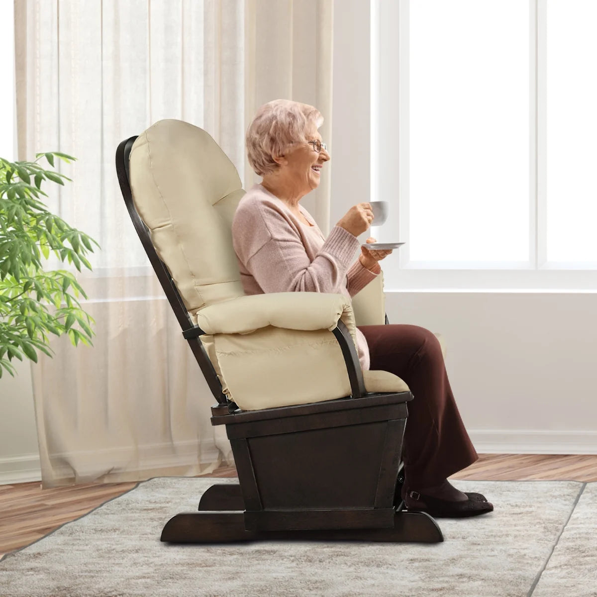 Ergonomic Rocking Chair Baby Nursery Chair Glider with Ottoman Light Beige