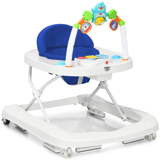 Babyjoy 2-In-1 Foldable Baby Walker with Adjustable Heights & Detachable Toy Tray Blue