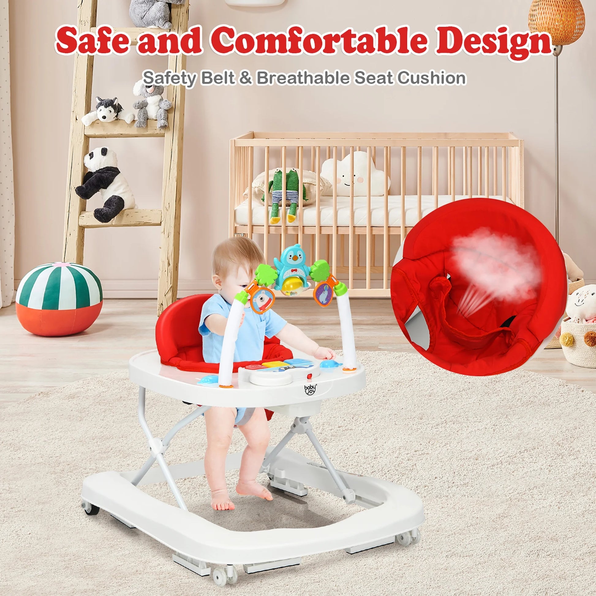 Babyjoy 2-In-1 Foldable Baby Walker with Adjustable Heights & Detachable Toy Tray Red