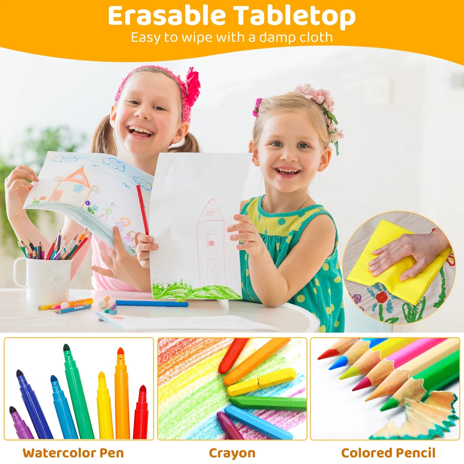 Kids Table and 2 Chairs Set, Adjustable Height Toddler Play Activity Table Set with Graffiti Desktop for Daycare, Playroom