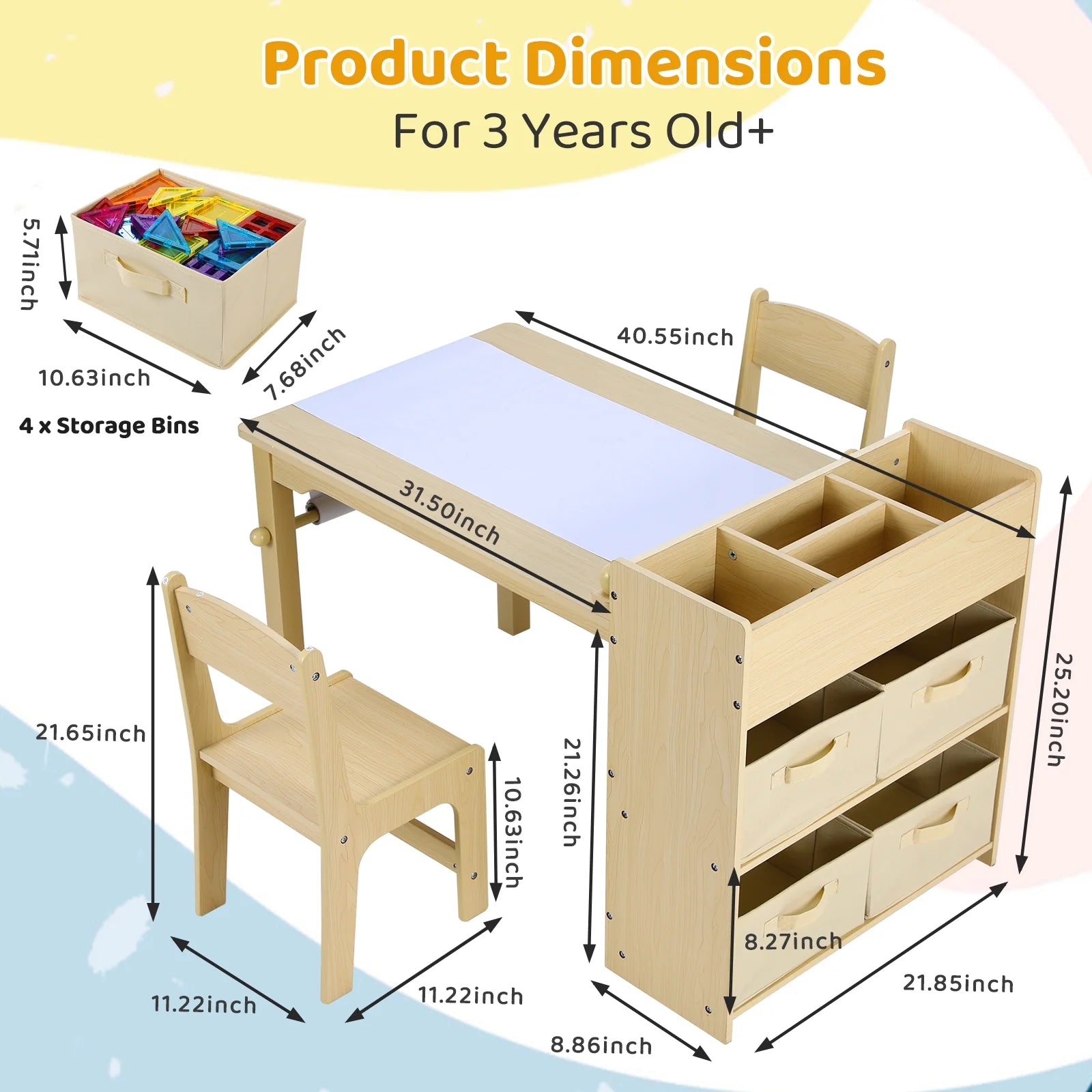 Kids Art Table and 2 Chairs Set with Paper Roll, Toddler Craft Table Drawing Desk Wooden Children Play Activity Table with Storage Bins and Storage Shelves for Ages 3-8