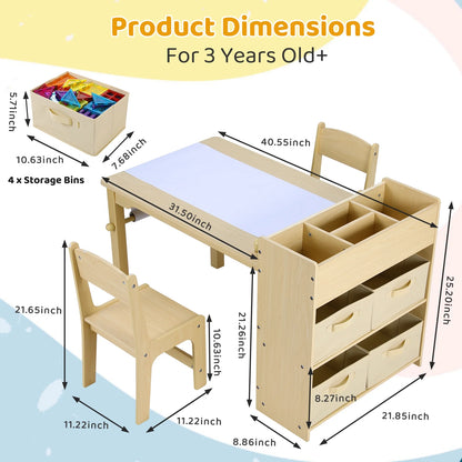 Kids Art Table and 2 Chairs Set with Paper Roll, Toddler Craft Table Drawing Desk Wooden Children Play Activity Table with Storage Bins and Storage Shelves for Ages 3-8
