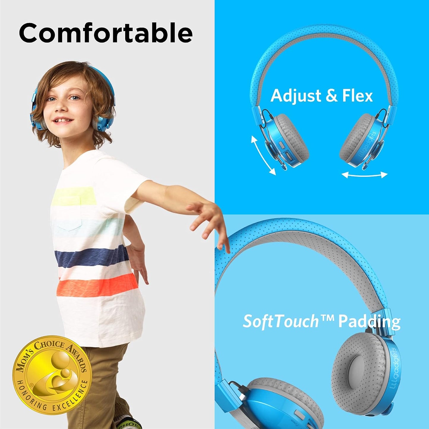 Untangled Pro On-Ear Wireless Kids Headphones for School, Microphone, Volume Limited, Shareport Technology, Softtouch Padding, Blue